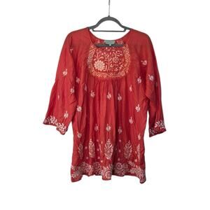 Leaves Of Grass New York Hand Embroidered 100% Silk Boho Luxe Blouse, Size XL